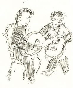 Musicians accompanying Fado singer. Casa de Linhares, Lisbon